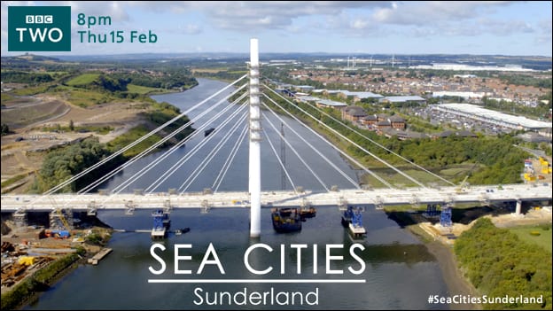 Screenshot of BBC 2's Sea Cities programme on Sunderland featuring the construction of the Northern Spire