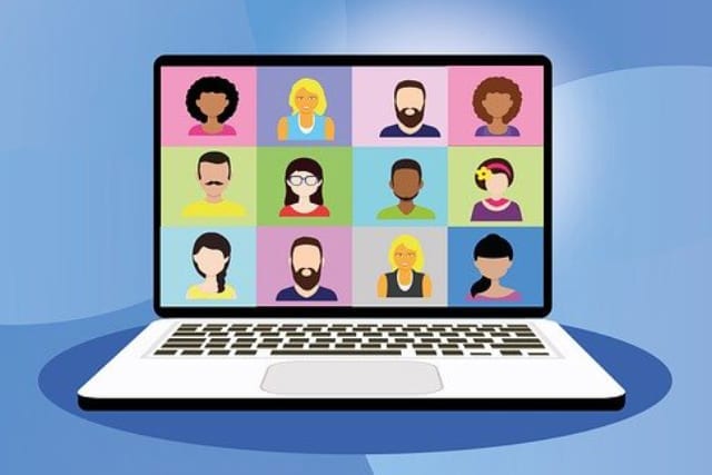 Cartoon graphic of multiple people in an online virtual meeting