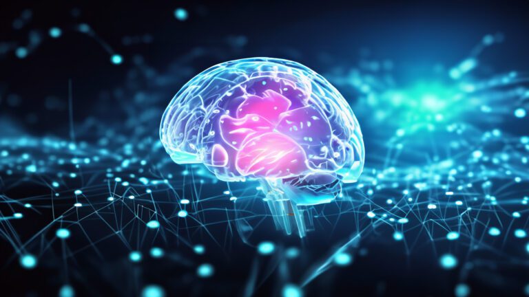 AI generated image of a brain surrounded by a network of laser like neural pathways