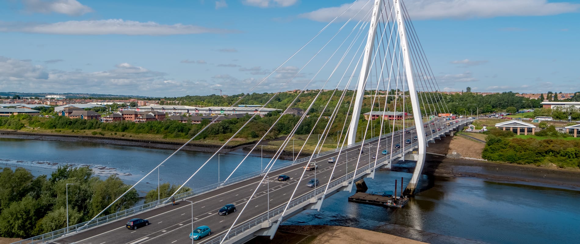 Aerial view of traffic crossing the Northern Spire bridge