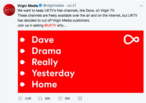 Screenshot of Twitter post from @virginmedia