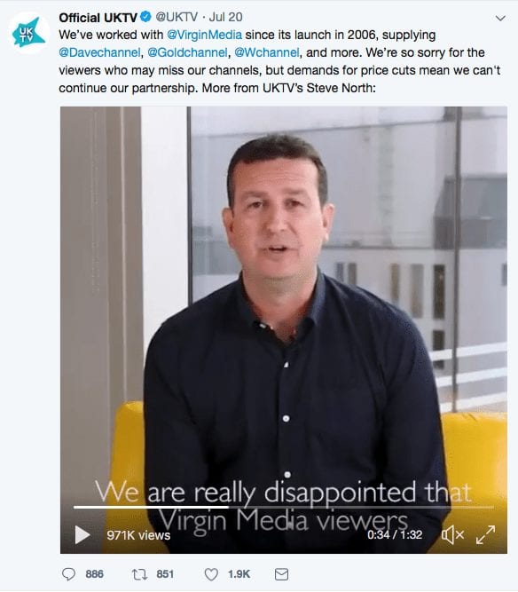 Screenshot of Twitter post from @UKTV